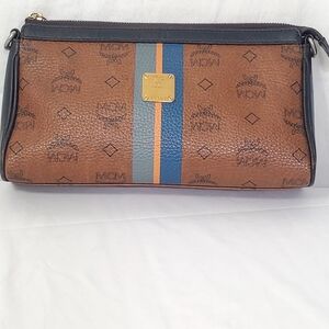 MCM Brown Monogram Leather Clutch Bag with Blue Stripe